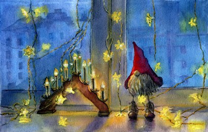 watercolor illustration: garland, christmas decorations, scandinavian folk elf in a hat of santa claus. watercolor handmade fairy tale character gnome. merry christmas and happy new year!