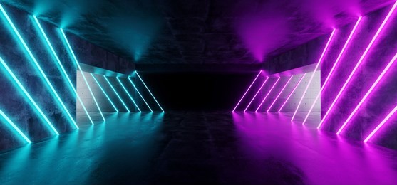 modern futuristic underground reflective concrete garage empty room with purple and blue neon glowing lights background 3d rendering illustration