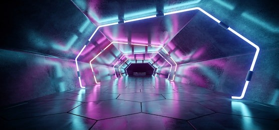 bright modern futuristic alien reflective concrete corridor tunnel empty room with purple and blue neon glowing lights hexagon floor background 3d rendering illustration