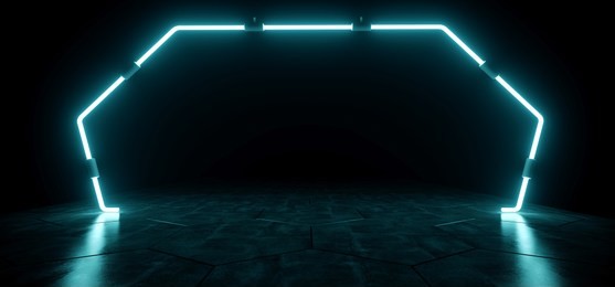 dark modern futuristic alien reflective empty room with blue neon glowing light tubes background grunge concrete floor 3d rendering illustration