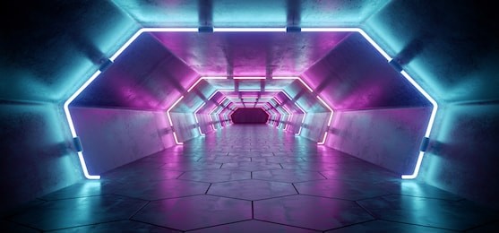 bright modern futuristic alien reflective concrete corridor tunnel empty room with purple and blue neon glowing lights hexagon floor background 3d rendering illustration