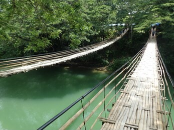 the sipatan twin bamboo hanging bridge across lobic river at bohol island, philippines.