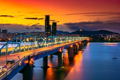 korea,seoul at night, south korea city skyline at dongjak bridge han river in seoul , south korea.