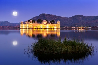 the palace jal mahal at night. jal mahal (water palace) was built during the 18th century in the middle of man sager lake. jaipur, rajasthan, india, asia