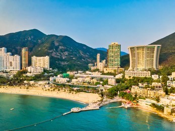 aerial drone flight over repulse bay beach in the southern part of hong kong island,the repulse bay is one of the high end living area in hong kong.