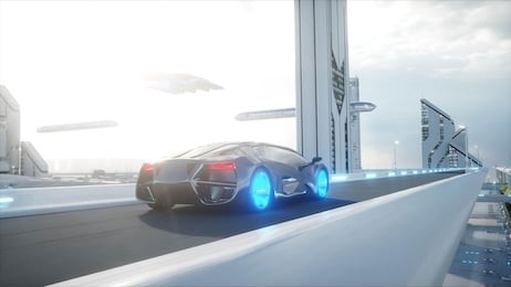 black futuristic electric car very fast driving in sci fi sity, town. concept of future. 3d rendering.