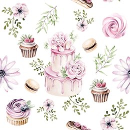 hand drawn watercolor pattern of sweets:cake, eclair, marshmallow, cupcake, macaroon with floral elements
