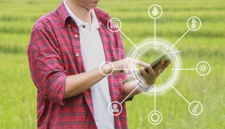 smart farming, using modern technologies in agriculture. man agronomist farmer with digital tablet computer in field using apps and internet of things(iot) in production and agricultural research