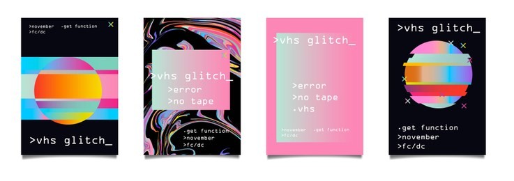vector colorful synthwave poster set. circle and square shapes with modern tv distortion effect - lines and pixels, vhs glitch artifacts. banner design, cover, club invitation, night party flyer.