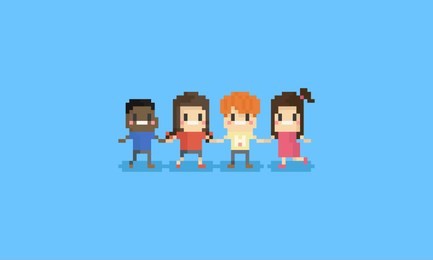 pixel happy chidren character holding them hand together.8bit.