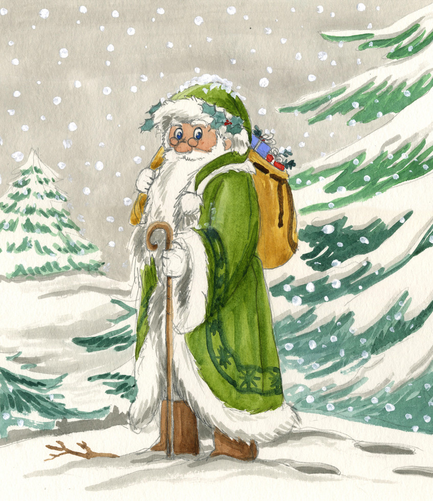 nordic santa claus in green dress, watercolor