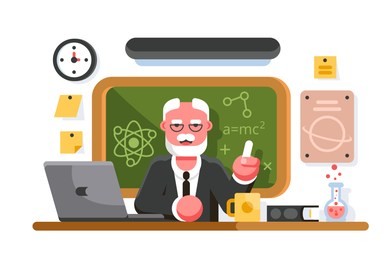 chemistry teacher in classroom on blackboard background. professor in classroom. education concept. flat. vector illustration.