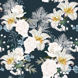 seamless floral background with bouquets of roses and lilies. wedding wallpaper with lily and herbs on the dark blue background