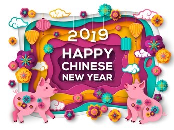 2019 happy chinese new year greeting card with paper cut colorful frame, pigs and oriental flowers. vector illustration.
