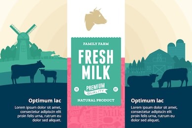 vector milk illustration with rural landscape, cows, calves and farm. modern style milk label. dairy farm icons and design elements.