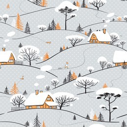 seamless winter hand drawn pattern with snow, trees, houses, foxes and child. landscape ornamental background for wallpaper, pattern fills, printing on fabric, digital paper. vector illustration