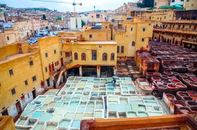 traditional tannery in ancient medina of fez, morocco