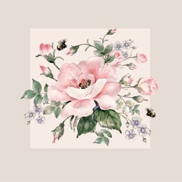 floral watercolor arrangement of roses and wild flowers. sketch with colored pencils and watercolors on paper from nature roses with buds and foliage, wild flowers and bumblebee. beautiful drawn.