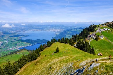 view of the lake lucerne from the kaenzeli on mount rigi.