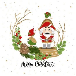 christmas nutcracker statue with the inscription. sketch for greeting card, holiday poster or party invitation. attributes of christmas and new year. vector illustration.