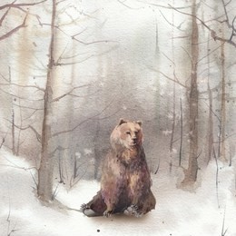 watercolor winter landscape: snowy forest scene with bear. hand painted vintage card.