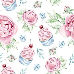 hand drawn watercolor pattern with cupcake and floral elements.romantic concept.  