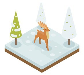 deer walking along winter wood forest isometric 3d flat icon template  illustration