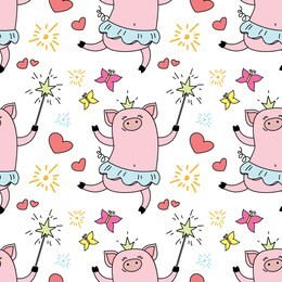 seamless pattern with funny piggy princess,jumping pig ballerina with a crown and a magic wand,cute texture, vector illustration