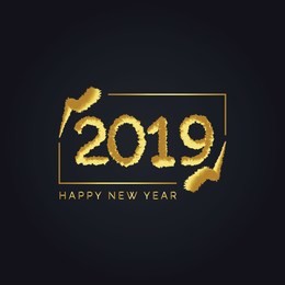 2019 golden new year sign with golden glitter on black background. vector new year illustration. happy new year banner with 2019 numbers on bright background.