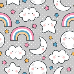 moons clouds rainbows and stars cute seamless pattern, cartoon vector illustration, nursery background for kid