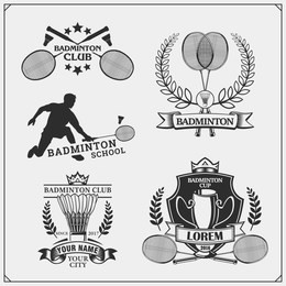 badminton emblems, symbols, labels, design elements and silhouette of player. black and white.