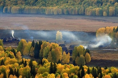 hemu village on kanas nature reserve, autumn scene ,xinjiang, china .