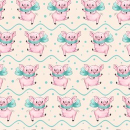 seamless pattern with cute cartoon pigs.  drawing in watercolor and ink.