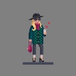 pixel art woman personage. fashion stylish girl with mobile phone chat in social networks.