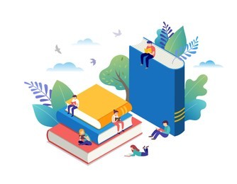 book festival concept of a small people reading a open huge book. vector illustration, poster and banner