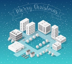 winter christmas landscape snow covered futuristic isometric city from smart business technology, digital modern concept background holiday