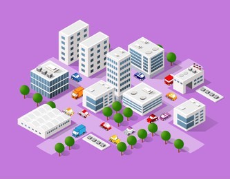 isometric set of the modern 3d city. landscape trees, streets. three-dimensional views of skyscrapers, houses, buildings and urban areas with transport roads, intersections
