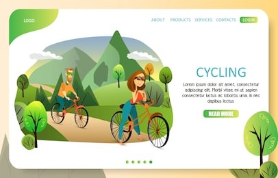 cycling landing page website template. vector illustration of couple riding bicycles in park. summer activities, family vacation concept.