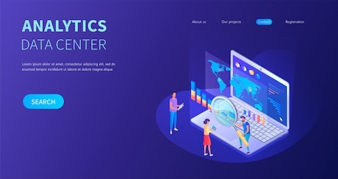 analystics data center isometric vector laptop web design illustration