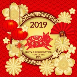 happy chinese new year 2019 zodiac pig with paper cut art and craft style / chinese new year 2019 paper cutting design.
