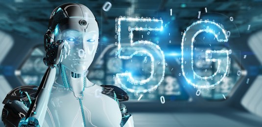 white cyborg woman on blurred background using 5g network digital hologram 3d rendering