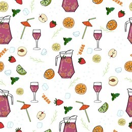 sangria. traditional spanish alcohol drink. seamless pattern with hand drawn jug and glass of fresh sangria with fruits and decor elements for design, website, background, banner, menu, bar, template.
