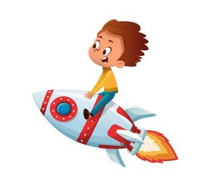 happy boy playing and imagine himself in space driving an toy space rocket. vector cartoon illustration. isolated.