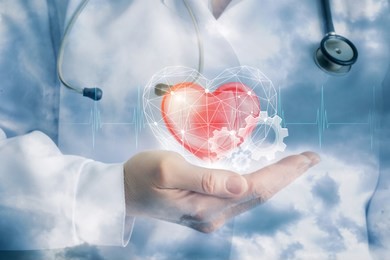 a doctor is carefuly keeping a big red heart hidden in the digital cage with cogwheels by its side.