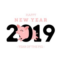 happy chinese new year. cute holiday card with pink pig, 2019.  year of the pig.