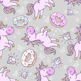 seamless pattern with unicorns, donut rainbow, confetti, diamond and other elements. vector background with labels, pins