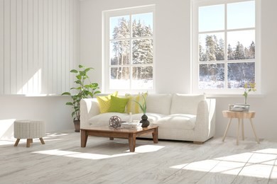 white room with sofa and winter landscape in window. scandinavian interior design. 3d illustration