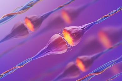 receptors sending electrochemical signals. impulse in human brain on a molecular level. 3d rendering