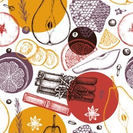 vector background kitchen herbs, spices, dried fruits and berries. hand sketched mulled wine ingredients. christmas menu design illustration. seamless pattern. 
