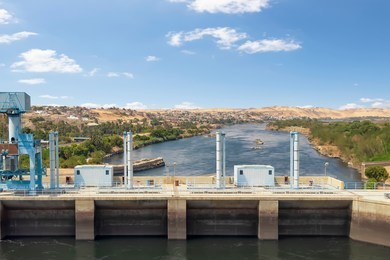 the high dam in aswan for hydroelectric power generation, nubia, egypt.
